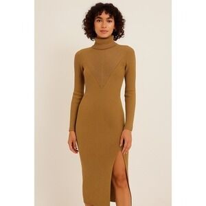 Primi Brown Turtleneck Sweater Midi Dress S Long Sleeve Ribbed Knit Slit S